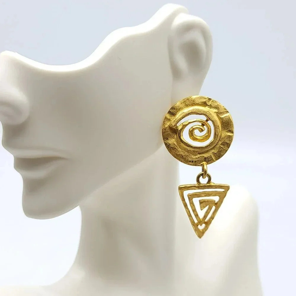 Val Gold Tone Chunky Aztec Style Post Dangle Earrings